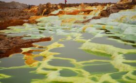 Danakil Depression salt flats and volcanic landscape in Ethiopia