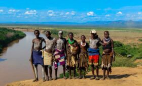 Omo Valley tribal community by the river in Ethiopia